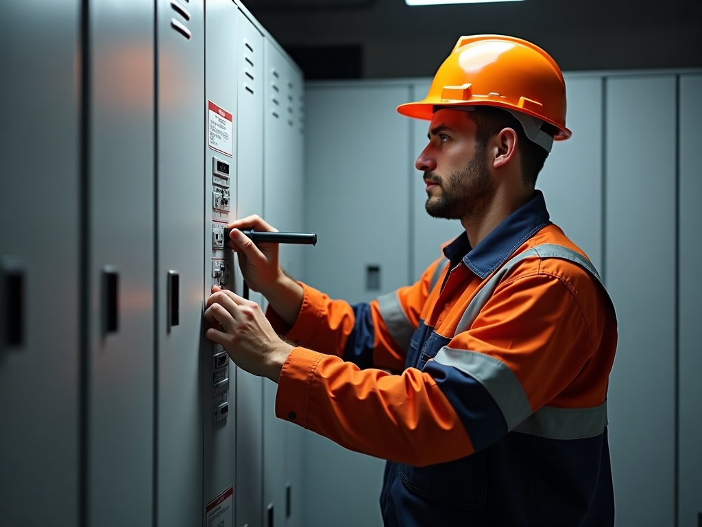 Electrician at panel, industrial clean