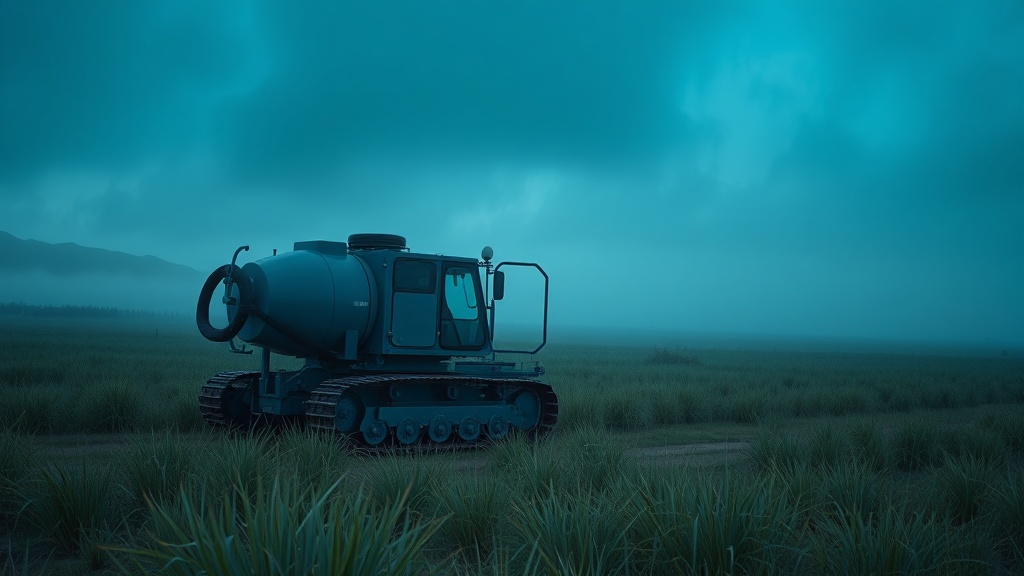 Track-driven mobile drill rig in cool mist — fal-generated hero
