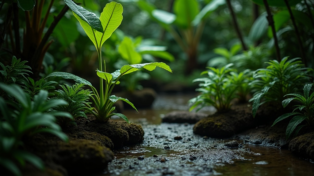 Banana palms and Hawaii plants springing to life beside a natural groundwater seep