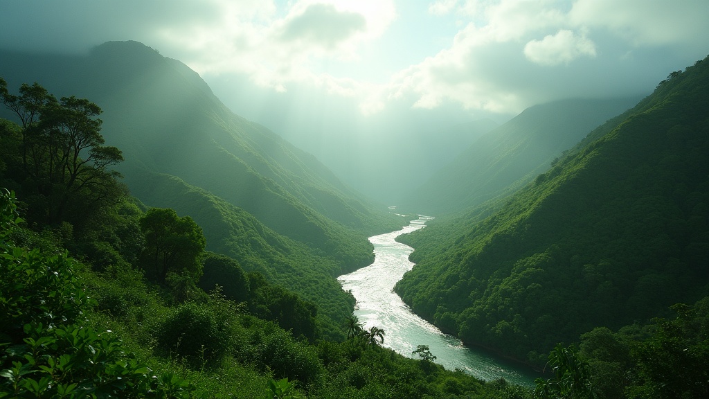 Green Hawaii valley with a winding river and morning mist — documentary photograph