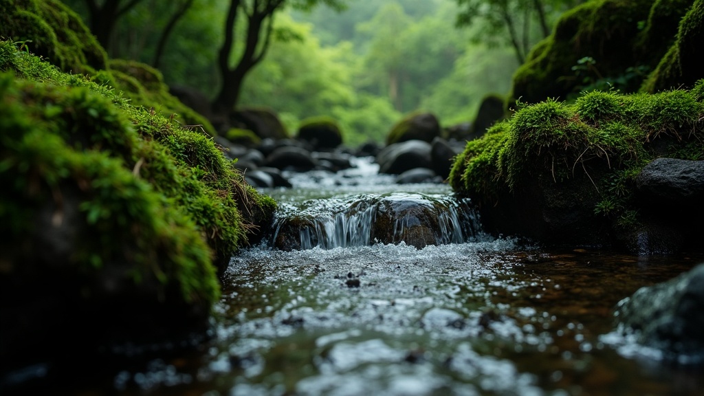 Natural Hawaii rainforest stream over mossy volcanic rock — documentary photograph