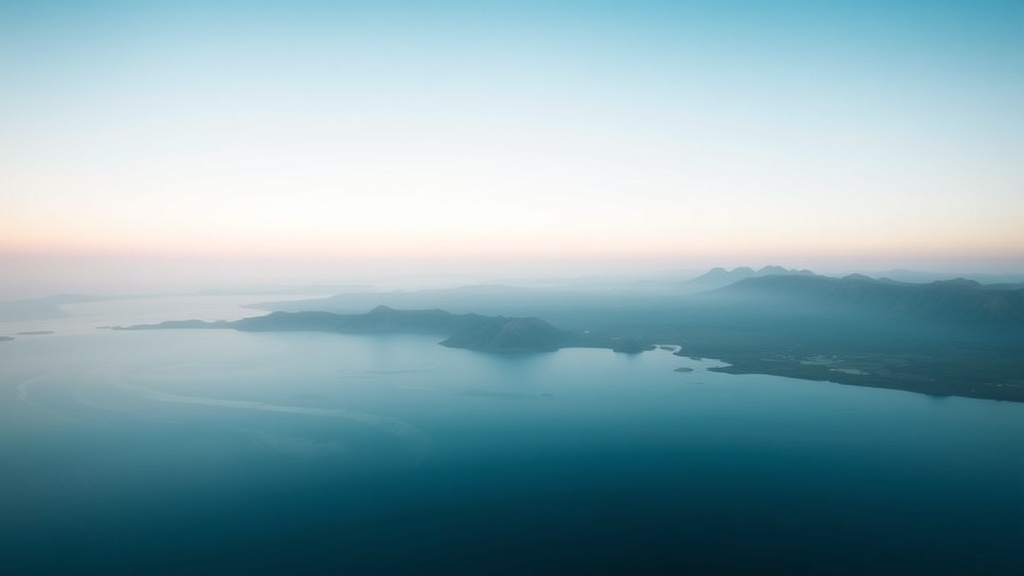 Calm reservoir at dawn with misty hills — fal-generated hero