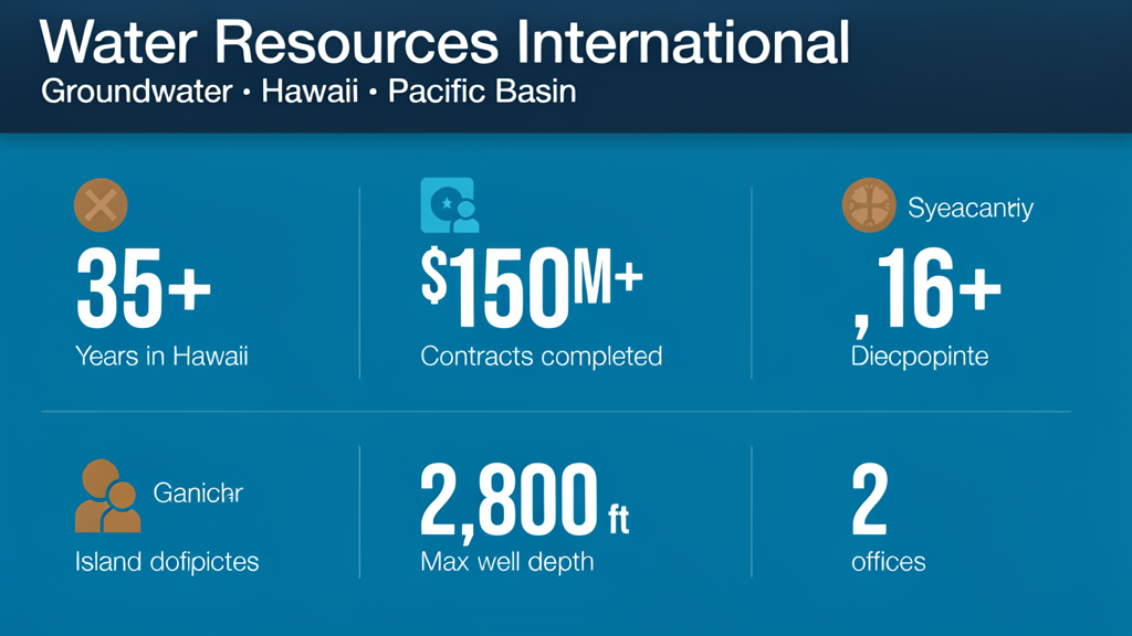 Water Resources International statistics infographic — 35+ years, $150M+ contracts, 2,800 ft max depth